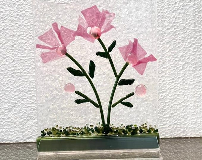 Forever Bold Flowers, Freestanding Fused Glass Sculpture, Flower Garden on Stand, Pink Flowers