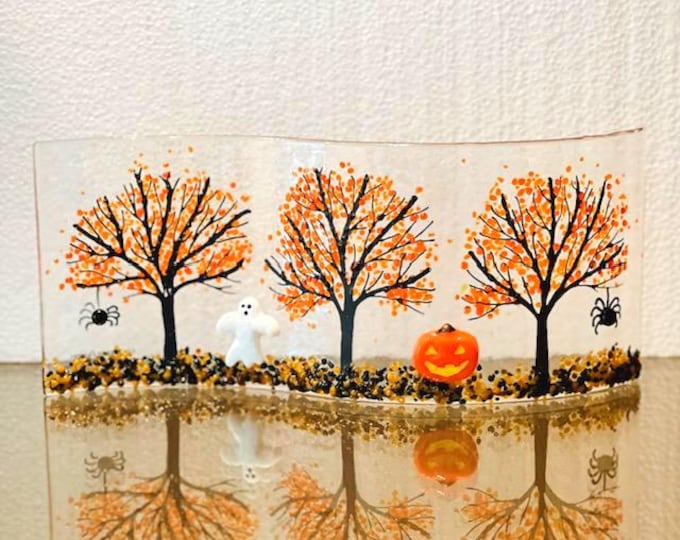 Halloween Trees Curved Glass Shelf Art, Home Decor, Window Sill Art, Bringing the Outdoors In, Pumpkin Glass art