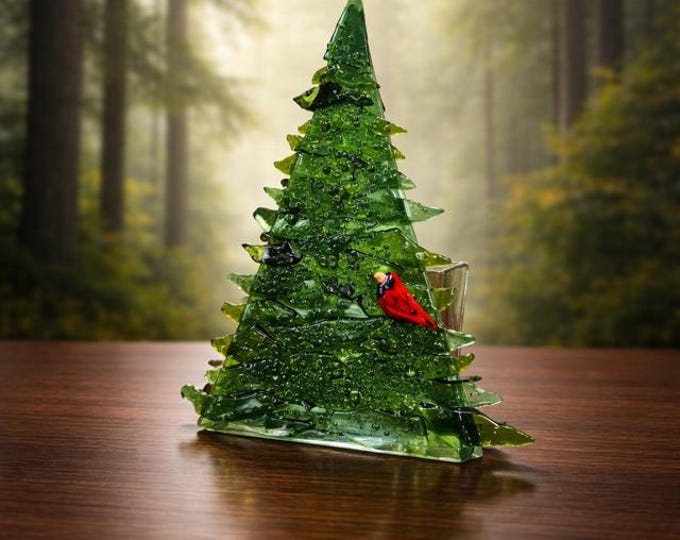 Fused Glass Christmas Tree with Cardinal Votive Candle Holder: Holiday Decoration