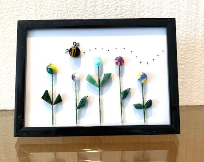 Framed Fused Glass Flower Art with Bumblebee