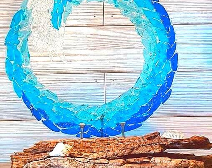 Ocean Wave Fused Glass Sculpture, Beach Decor, Sea Art, Surf Decor, Free Standing Wave Sculpture in Two Sizes, Blue Wave Shelf Art