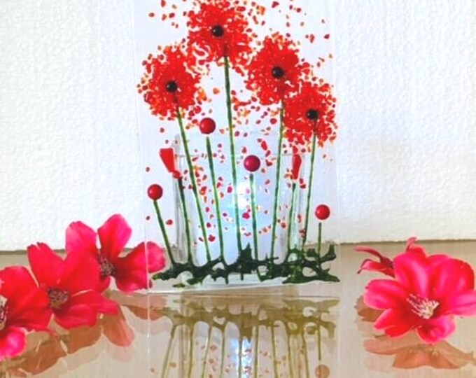 Fused Glass Poppy Candle Holder, Flower Votive Holder, Flowering Garden Tealight Holder, Bringing the Outside In