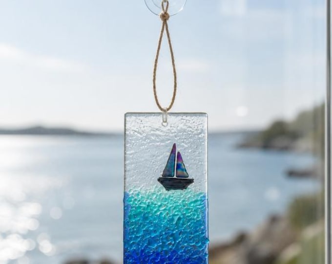 Fused Glass Seascape Suncatcher with Sailboat: Ocean Window Decoration