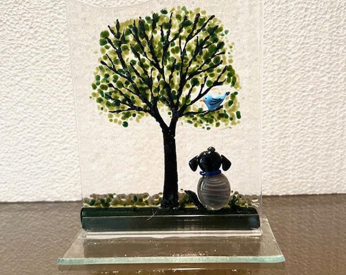 Fused Glass Tree with Dog and Bird, Sun Catcher Window Light Catcher, Shelf Art, Windowsill Art, Dog Lover. Dog Memorial.