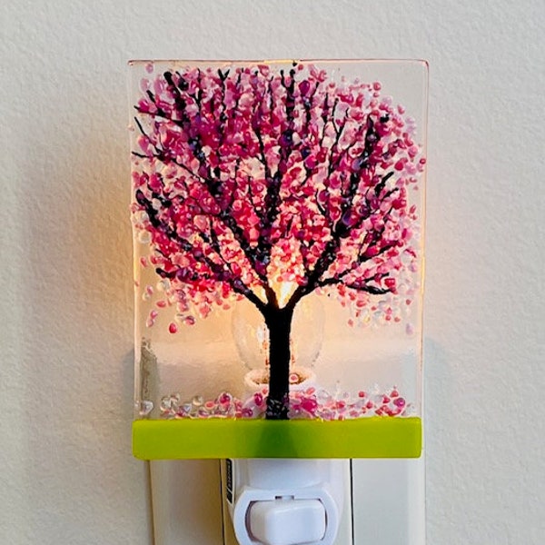 Cherry Blossoms Fused Glass Night Light, Bringing the Outdoors In, Bedroom, Bathroom, Hallway Light, Nature Inspired, Plug In Accent Light