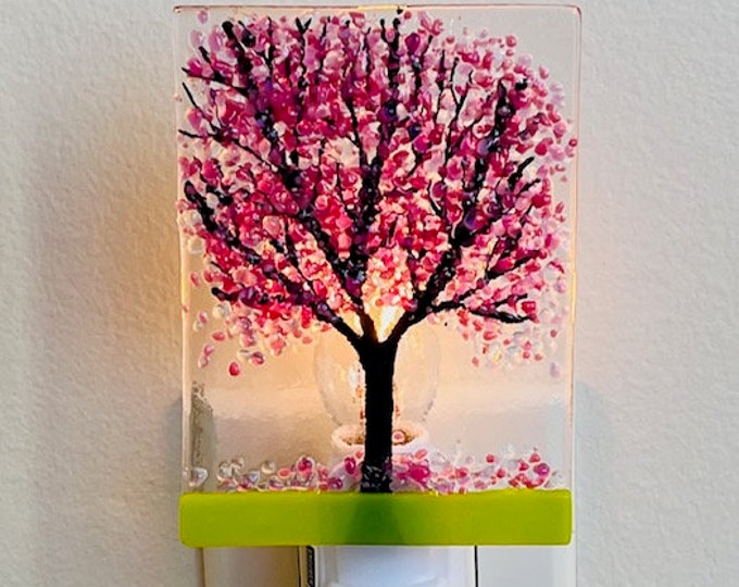 Cherry Blossoms Fused Glass Night Light, Bringing the Outdoors In, Bedroom, Bathroom, Hallway Light, Nature Inspired, Plug In Accent Light