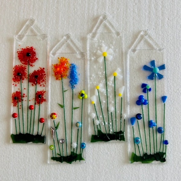 Fused Glass Sun Catcher, Daisies, Poppies, Wild Flowers, Blue Flowers Sun Catcher, Bringing the Outside In, Hanger Included, Gift boxed