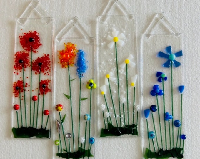 Fused Glass Sun Catcher, Daisies, Poppies, Wild Flowers, Blue Flowers Sun Catcher, Bringing the Outside In, Hanger Included, Gift boxed