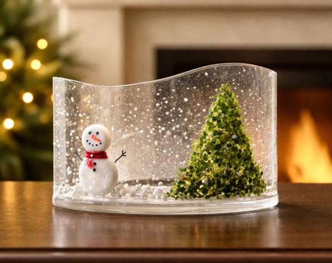 Fused Glass Winter Scene: Curved Snowman Art, Holiday Decor