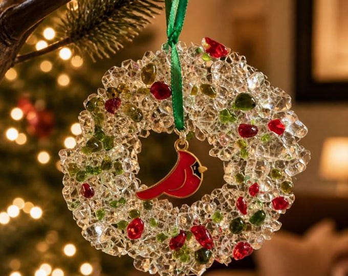Fused Glass Wreath Ornament with Cardinal Charm:  Window Decoration