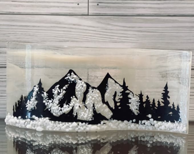 Snowy Mountains Fused Glass Curved Shelf Art, Mountain Glass Art, Snow on The Mountains, Windowsill Art