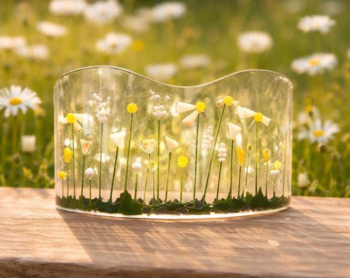Daisy Fields Fused Glass Art: Curved Window Sill Decor