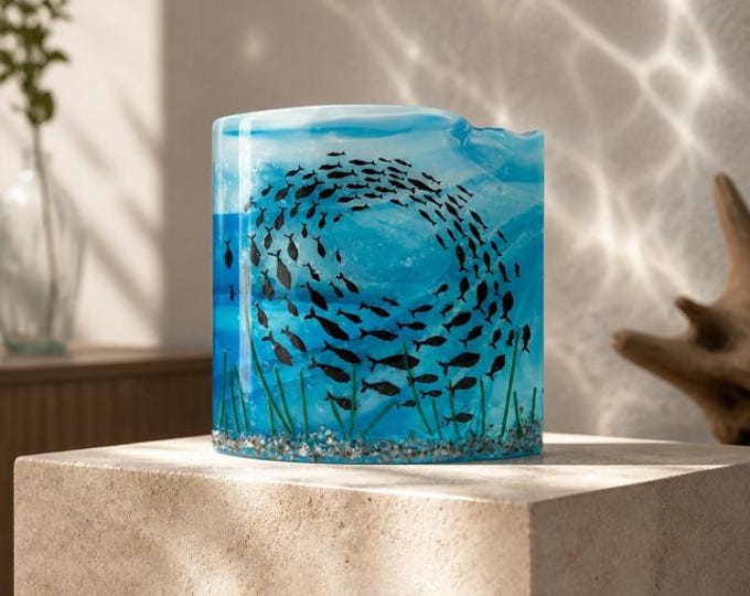 Fused Glass Shoaling Fish Art Piece, Curved Ocean Window Sill Decor