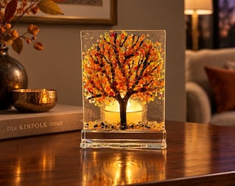 Fused Glass Autumn Tree Tealight holder: Candle holder 2.5" x 3.5"