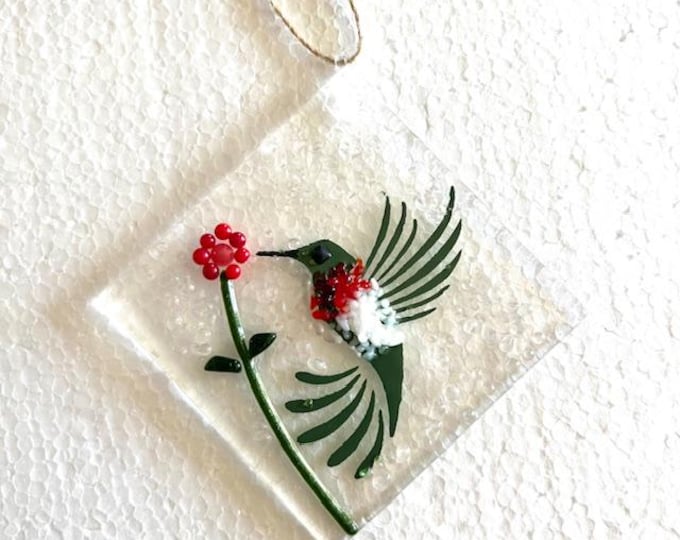 Hummingbird and Flower Fused Glass Suncatcher, Hummingbird Suncatcher, Bird and Flower Suncatcher