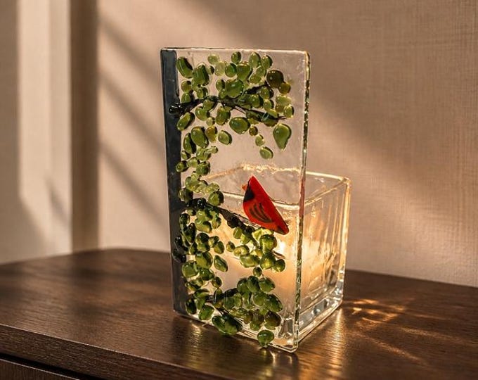 Fused Glass Cardinal in Tree Tealight Holder: Handmade Bird Votive