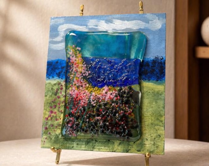 Fused Glass and Wood Landscape Art on Brass Easel