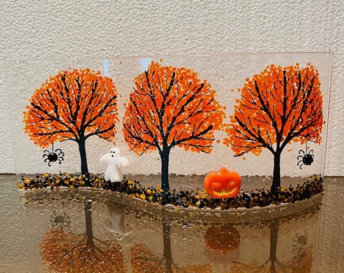 Halloween Trees Curved Glass Shelf Art, Home Decor, Window Sill Art, Bringing the Outdoors In, Pumpkin Glass art