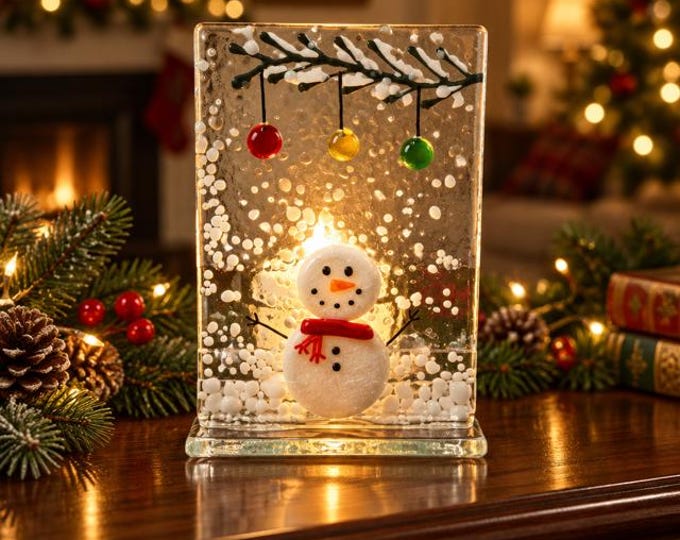 Fused Glass Snowman Tealight holder: Candle holder 2.5" x 3.5"
