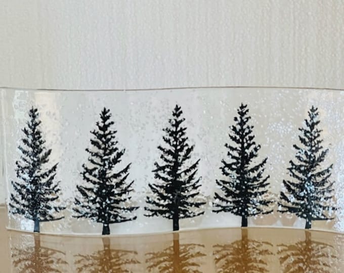 Winter Wonderland Forest Curved Glass  Shelf Art, Home Decor, Window Sill Art, Bringing the Outdoors In, Tree Glass Art