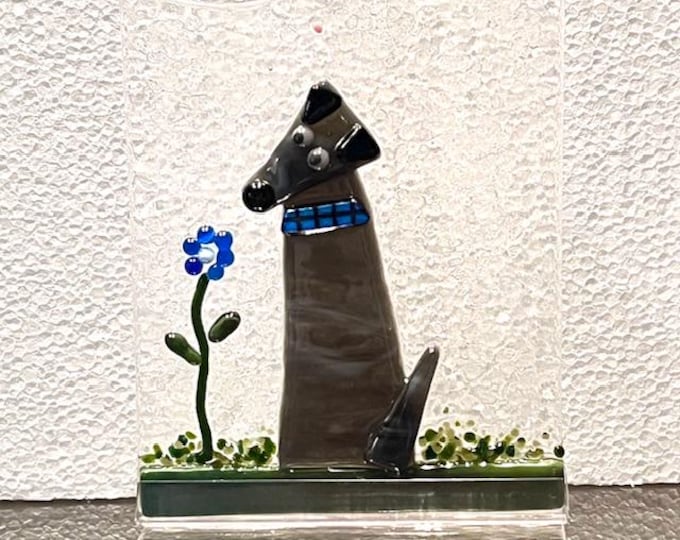 Fused Glass Dog and Flower: Sun Catcher Window Art