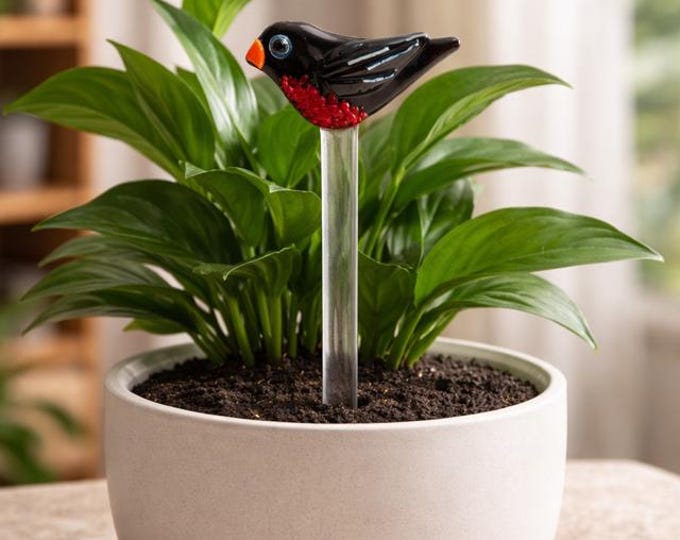 Fused Glass Robin Plant Stake: Whimsical Planter Bird