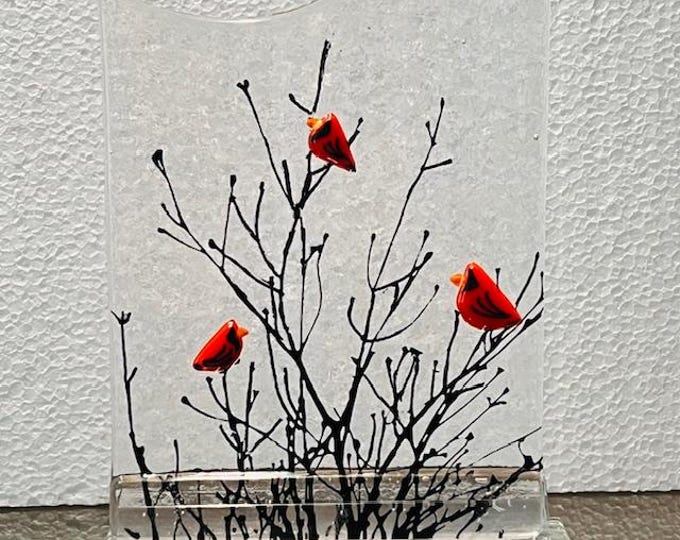 Cardinals in Tree Fused Glass Art, Sun Catcher Window Light Catcher, Shelf Art, Holiday Decor. Windowsill Art, Red Birds