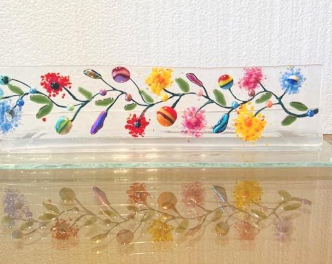 Fused Glass Flowering Vine Freestanding Sculpture, Colorful Flower Vine Sculpture, Home Decor, Glass Art