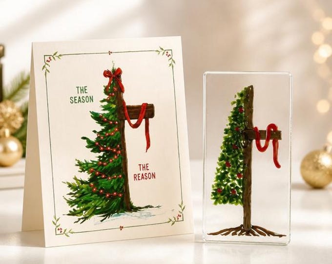 Fused Glass Tree and Cross Christmas Shelf Art: Free Standing Christian Art