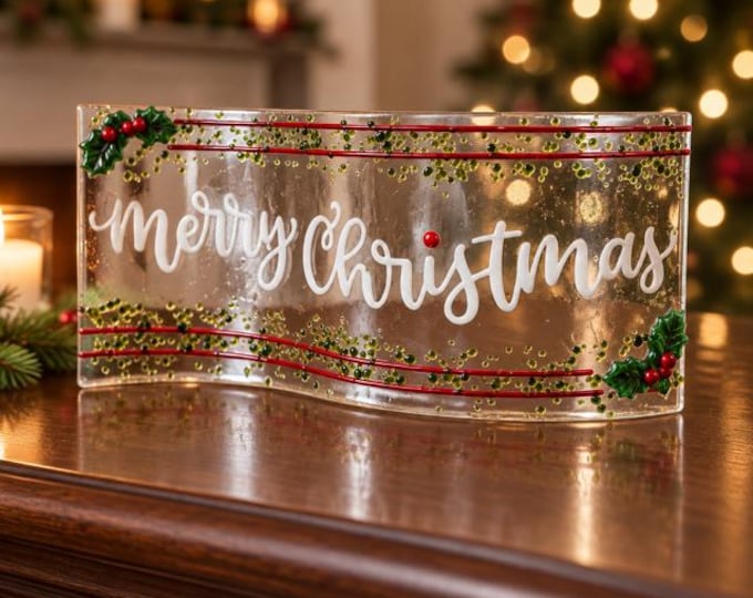 Fused Glass Curved Merry Christmas Freestanding Banner