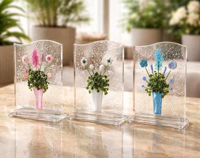 Fused Glass Flower Bouquet in Handmade Glass Vase - Forever Flowers Art