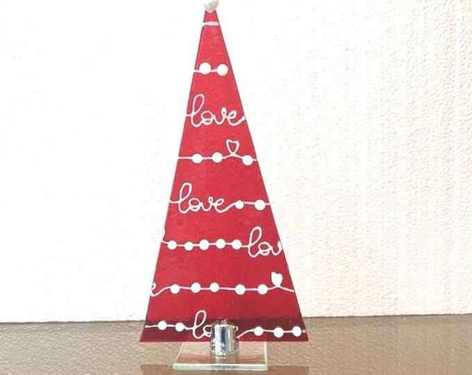 Fused Glass Love Tree, Red Christmas Tree, Windowsill Art, Holiday Tree, Holiday Decoration, Christmas