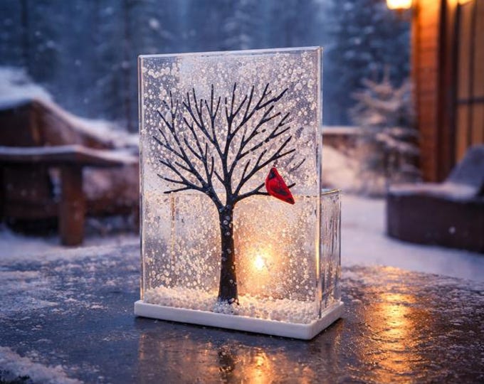 Fused Glass Winter Tree Candle Holder: Cardinal Tealight Votive