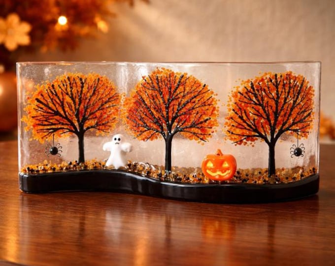 Curved Glass Halloween Tree Shelf Art, Pumpkin Decor