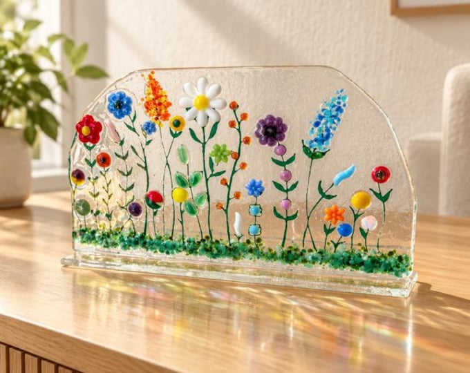 Flowery Meadow Fused Glass Art:  Window Sill Decor (7" x 4" x 2")