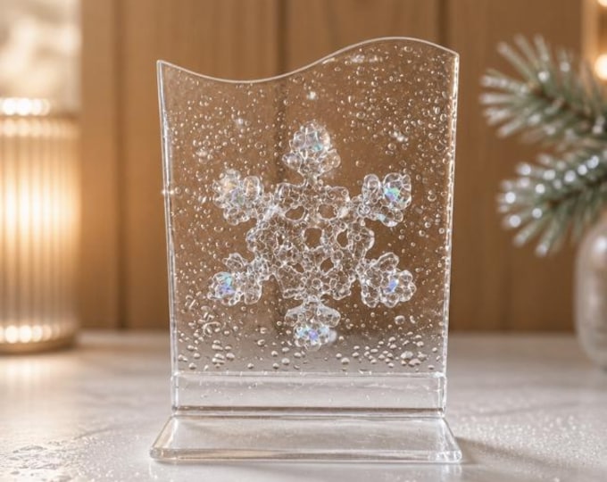 Fused Glass Iridescent Snowflake Freestanding Art