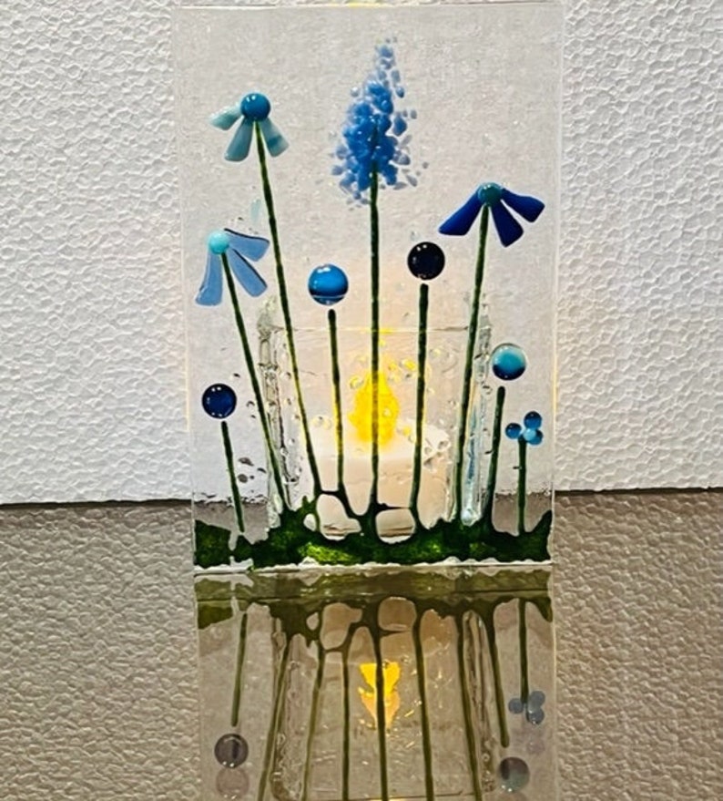 Fused Glass Blue Flower Candle Holder, Flower Votive Holder, Flowering Garden Tealight Holder, Bringing the Outside In image 1
