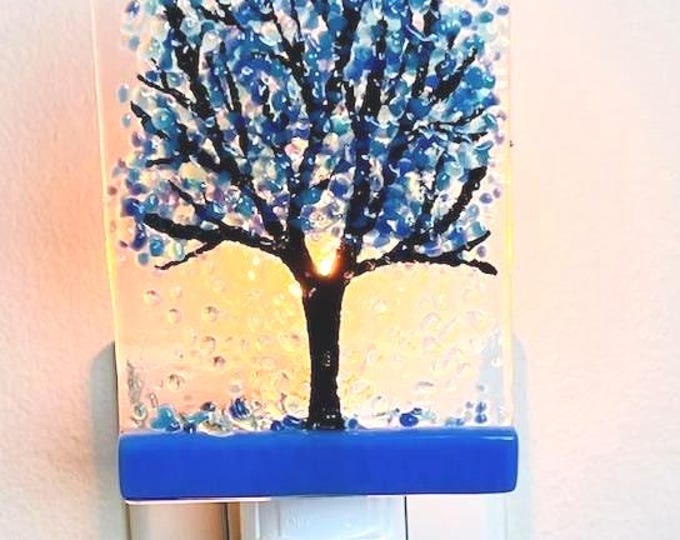 Blue Tree Fused Glass Night Light, Bringing the Outdoors In, Bedroom, Bathroom, Hallway Light, Nature Inspired, Plug In Accent Light