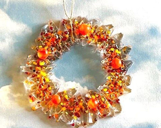 Fused Glass Autumn Wreath Suncatcher, Glass Window Decoration, Fall Suncatcher