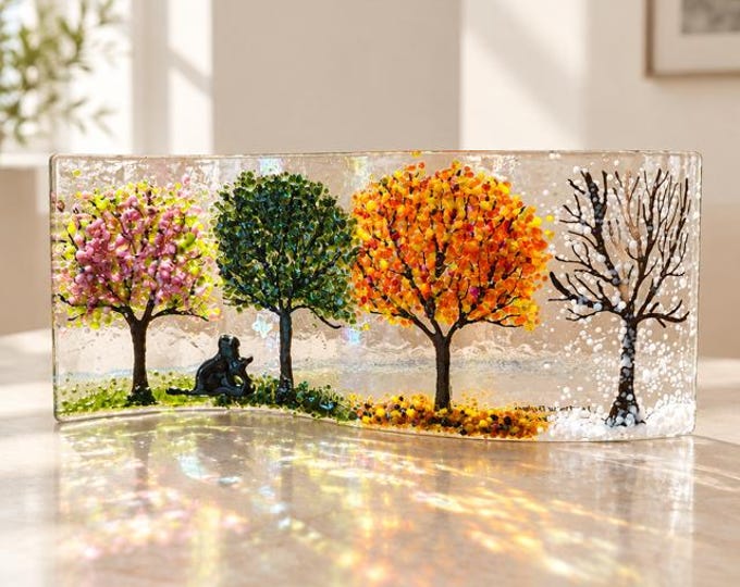 Fused Glass Four Seasons Art for Cat Lovers: Curved Shelf Decor