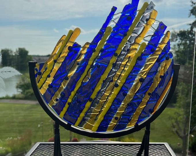 Fused Glass Abstract Free Standing Art, Colorful Dimensional Glass Art, Wrought Iron Stand