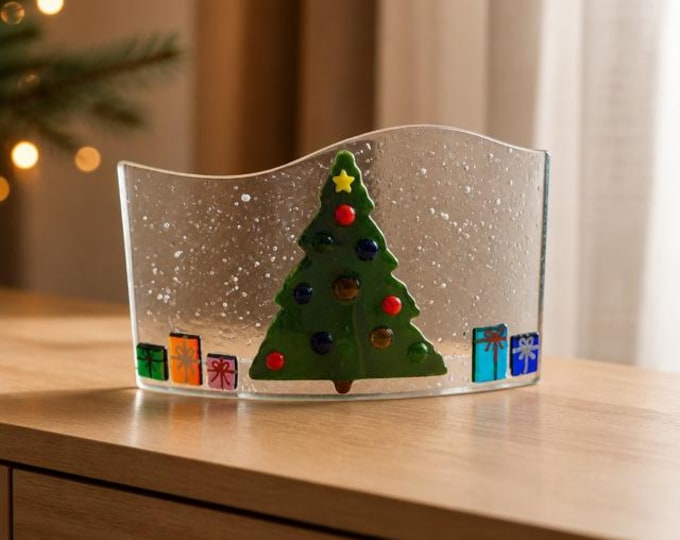 Christmas Scene Fused Glass Window Sill Art, Curved Christmas Tree Art,  Holiday Glass Curve, Christmas Decor