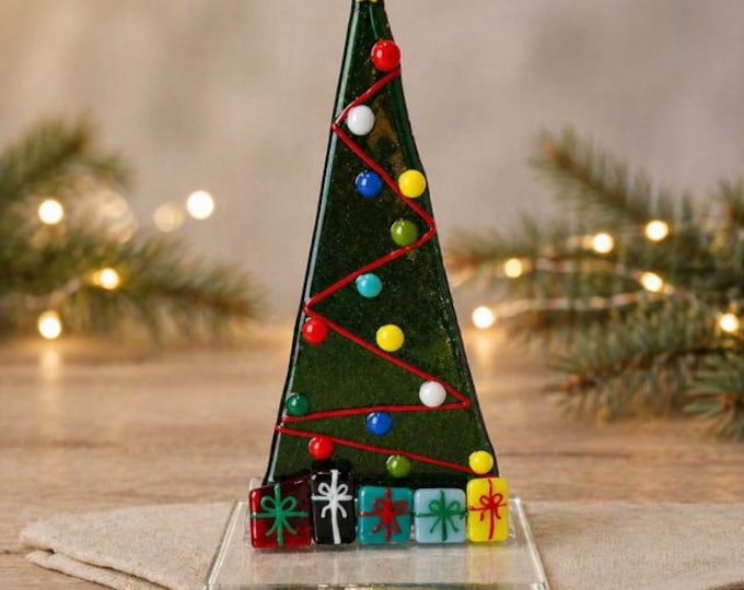 Fused Glass Christmas Tree with Cardinal Votive Candle Holder with wooden candle holder