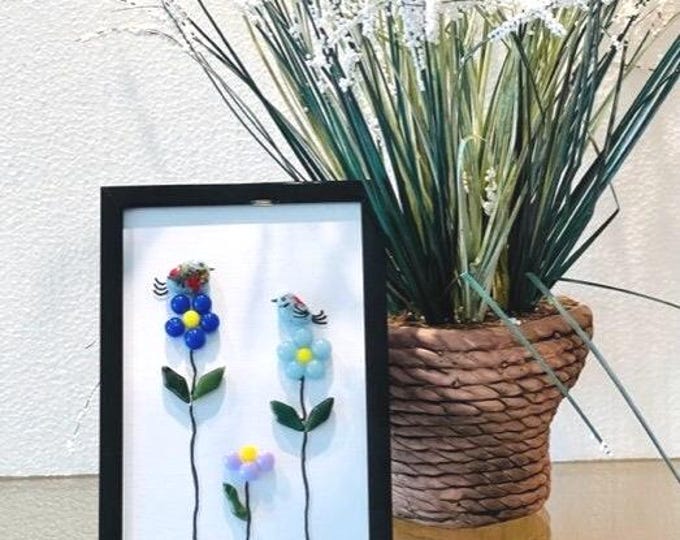 Framed fused glass Birds on Flowers, Whimsical Birds, Flower Art, Table and Shelf Art
