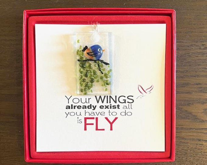 Fused Glass Dainty Sun Catcher, All-in-one gift, Bird Lovers, Red Box Gift