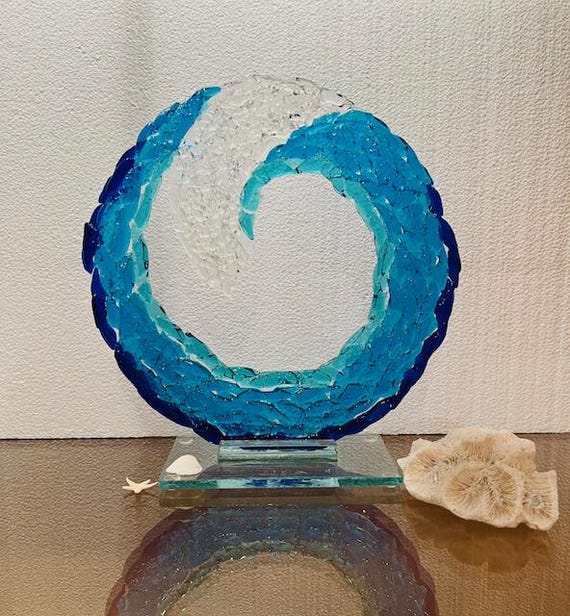 Fused Glass Art Sculpture 9" H Blown Glass Paper Weight Ocean Wave