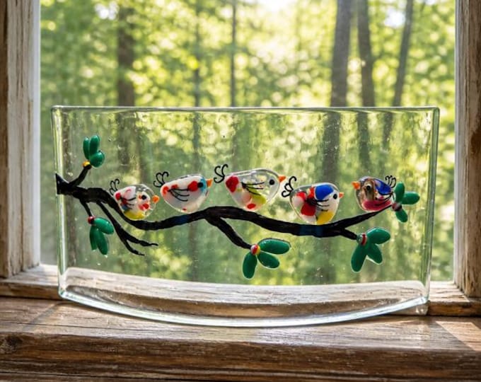 Birds on a branch Fused Glass Art: Curved Shelf Decor