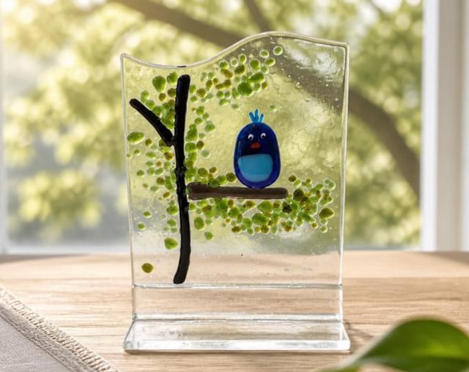 Fused Glass Whimsical Bird: Bird Decor, Windowsill Art