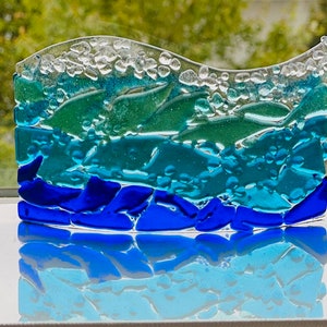 Ocean Curve Fused Glass Window Sill Art, Curved Ocean Glass Art, Ocean Waves Curve, Bringing the Outdoors In