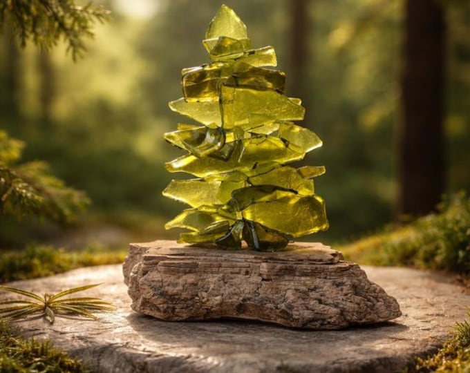 Recycled Fused Glass Tree Sculpture, Wine Bottle Tree on Driftwood Base, Rustic Decor